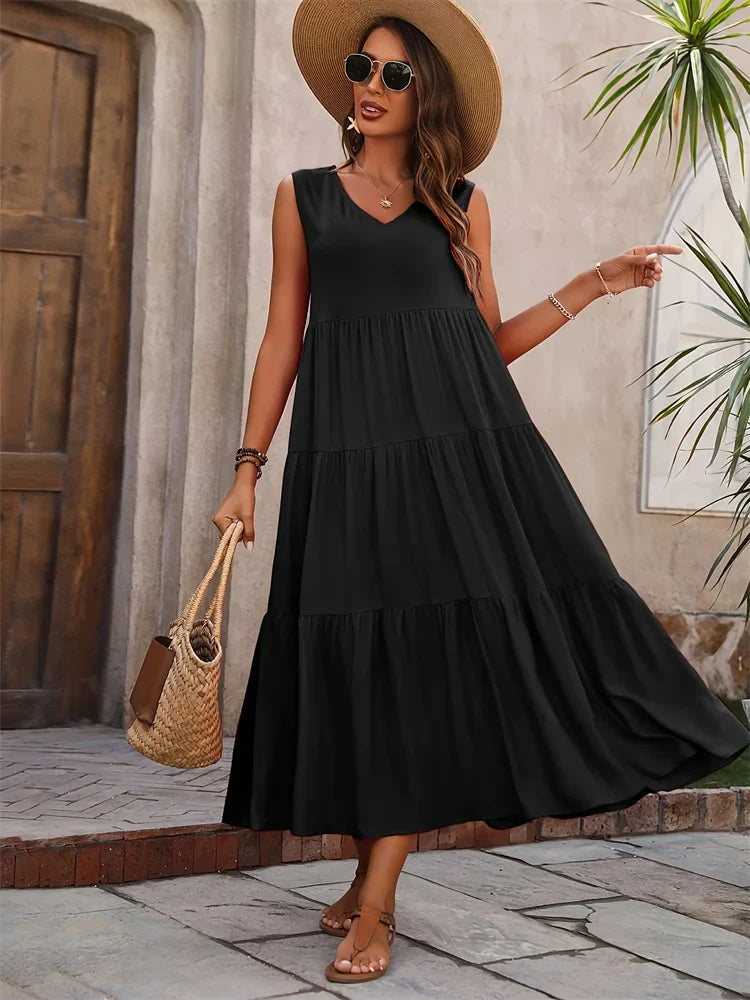 Modelo con vestido midi elegante Sanz | Horizoncor México
