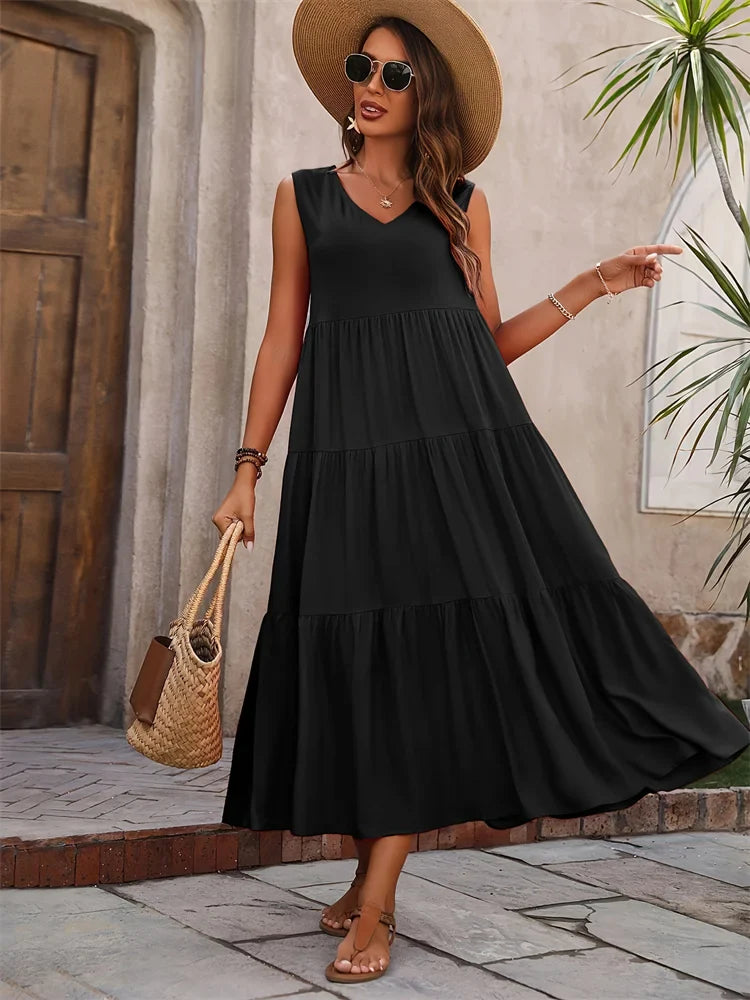 Florence – Vestido Maxi sin Mangas con Capas de Verano