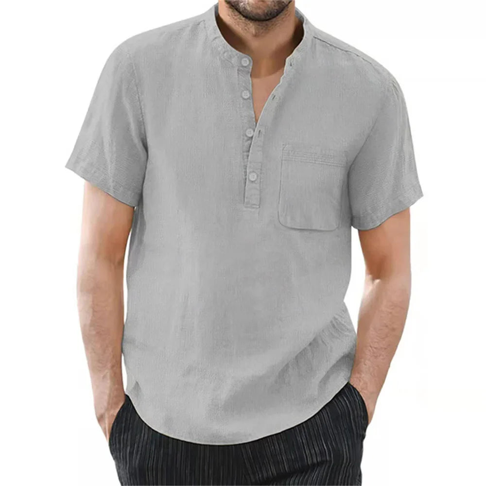 Archer – Camisa de Lino de Manga Corta con Cuello de Banda para Hombre