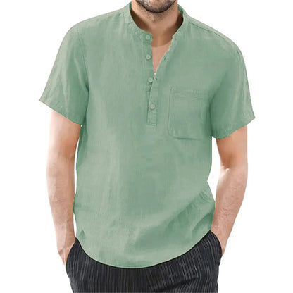 Archer – Camisa de Lino de Manga Corta con Cuello de Banda para Hombre