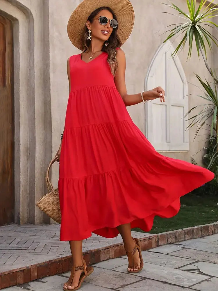 Florence – Vestido Maxi sin Mangas con Capas de Verano