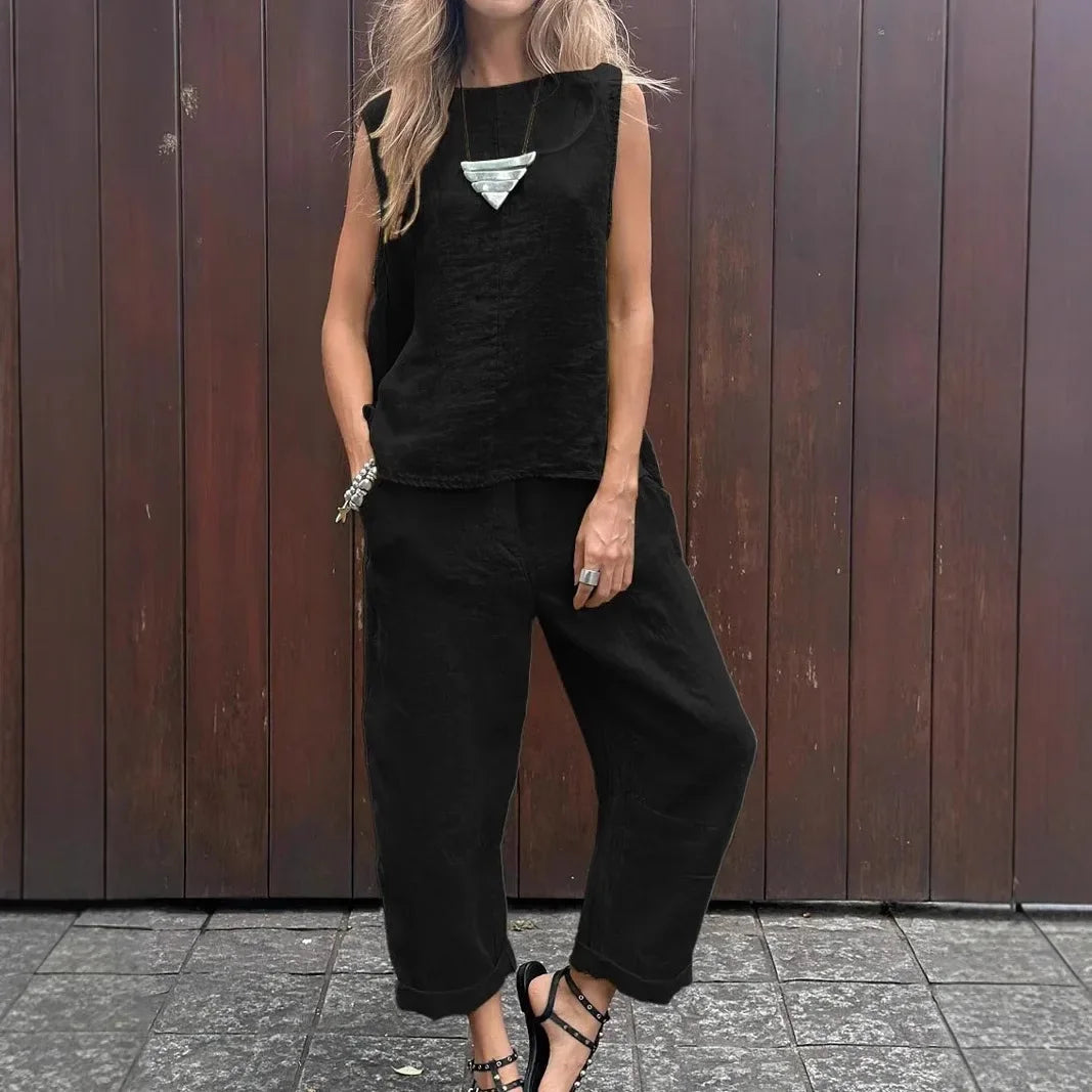 Detalle conjunto de lino mujer Egipto – vista frontal | Horizoncor