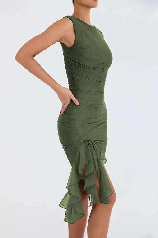 Aurevia – Vestido Midi Fruncido sin Mangas para Boda