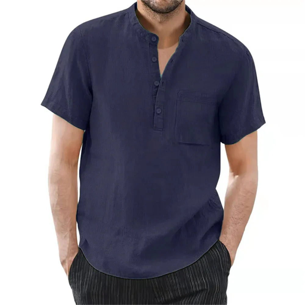Archer – Camisa de Lino de Manga Corta con Cuello de Banda para Hombre