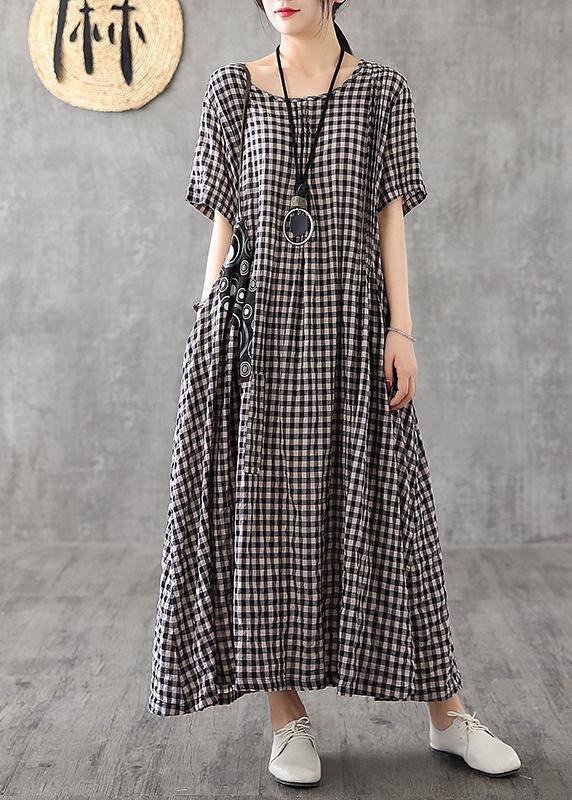 Linen Quilting Dress Black Plaid Summer Patchwork Style