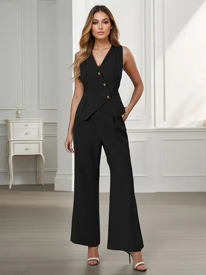 Rovena – Conjunto de Chaleco y Pantalón Ancho con Botones