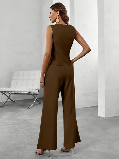 Rovena – Conjunto de Chaleco y Pantalón Ancho con Botones