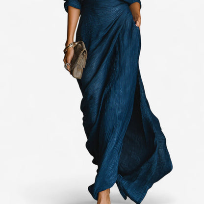 Detalle vestido de noche Tina Maxi Océano – vista frontal | Horizoncor
