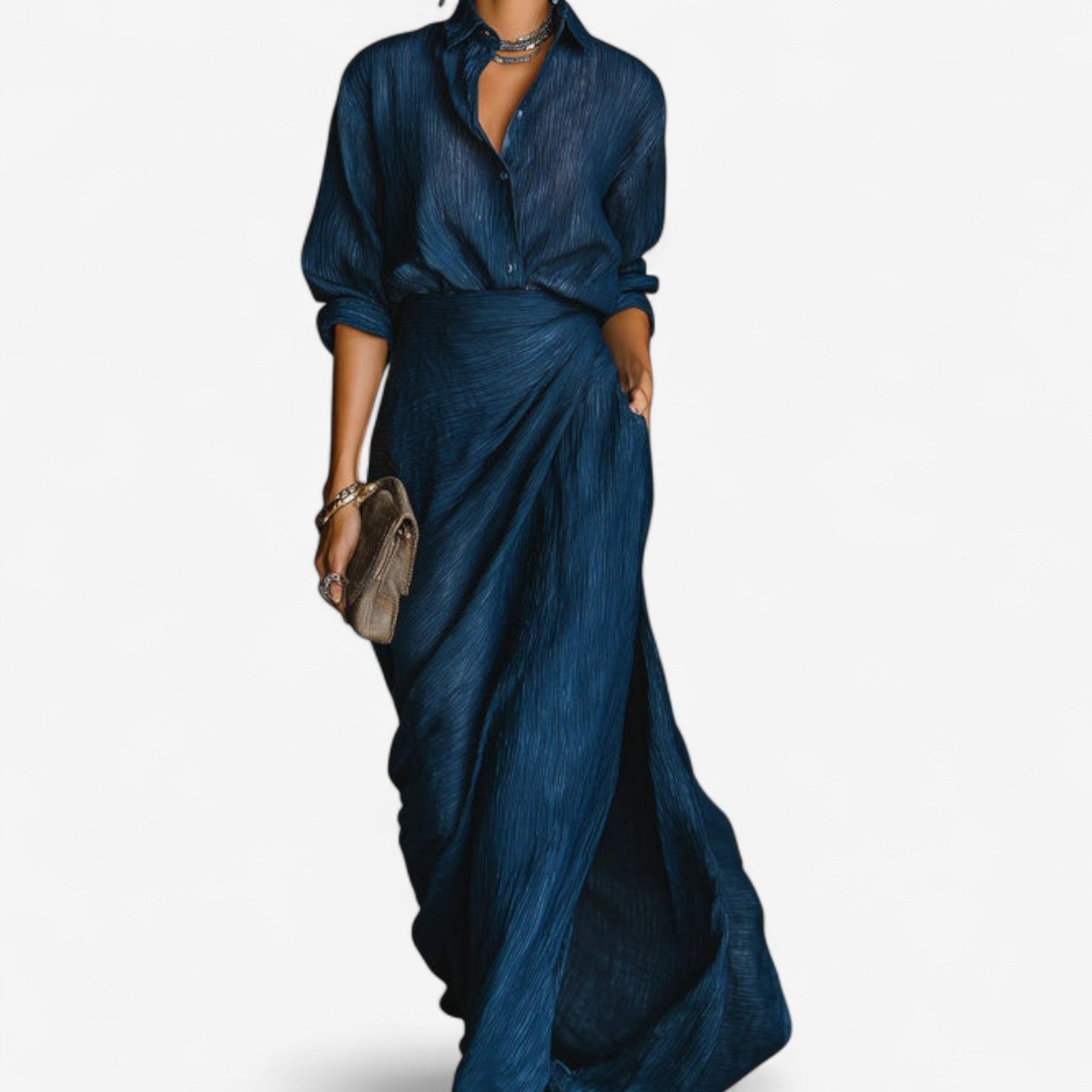 Modelo con vestido de noche Tina Maxi Océano | Horizoncor México
