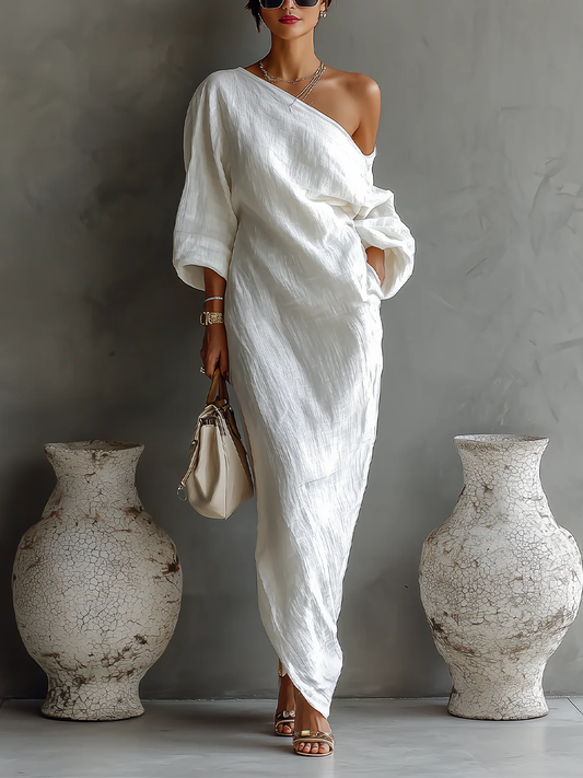 Vestido de Fiesta Nerina  Vestido maxi asimétrico elegante y fluido – Blanco | Horizoncor