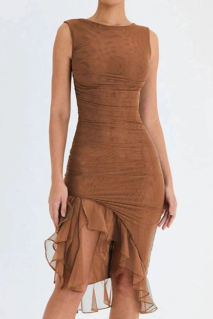 Aurevia – Vestido Midi Fruncido sin Mangas para Boda