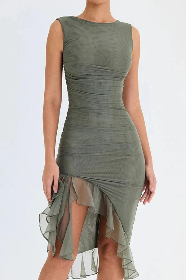 Aurevia – Vestido Midi Fruncido sin Mangas para Boda