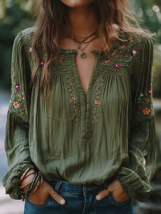 Blusas para Mujer Manuela  Camisa bordada con flores bohemias – Verde | Horizoncor