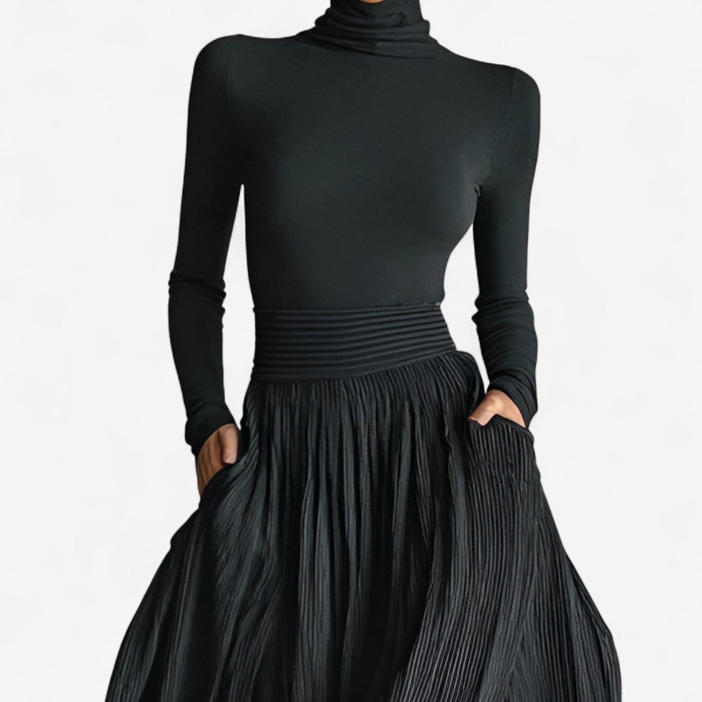 Detalle vestido de noche Aline Maxi cintura alta – vista frontal | Horizoncor