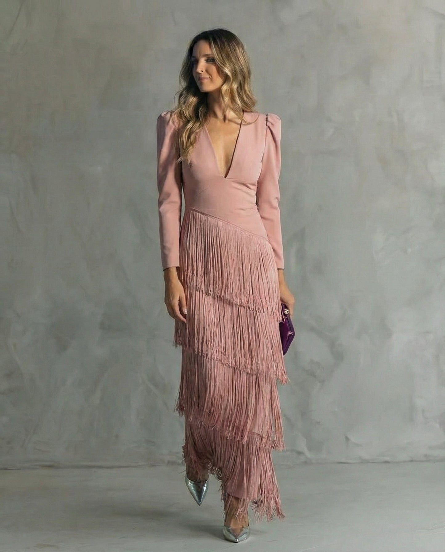 Vestido de Fiesta Largo Clara  Vestido elegante con mangas de flecos – imagen 7 | Horizoncor