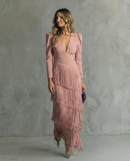 Vestido de Fiesta Largo Clara  Vestido elegante con mangas de flecos – imagen 7 | Horizoncor