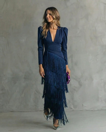 Vestido de Fiesta Largo Clara  Vestido elegante con mangas de flecos – imagen 6 | Horizoncor