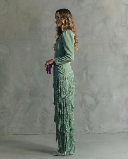 Vestido de Fiesta Largo Clara  Vestido elegante con mangas de flecos – vista lateral | Horizoncor
