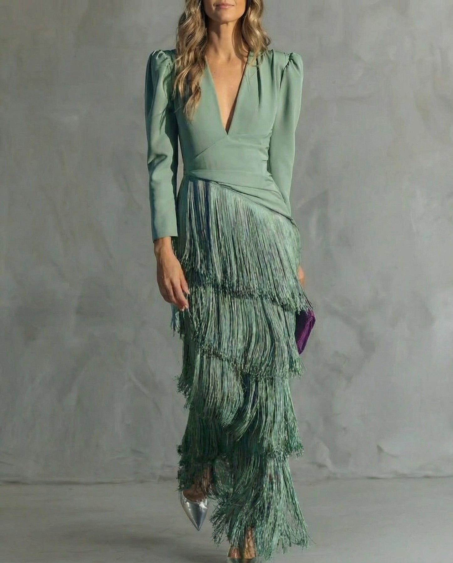 Vestido de Fiesta Largo Clara  Vestido elegante con mangas de flecos | Horizoncor