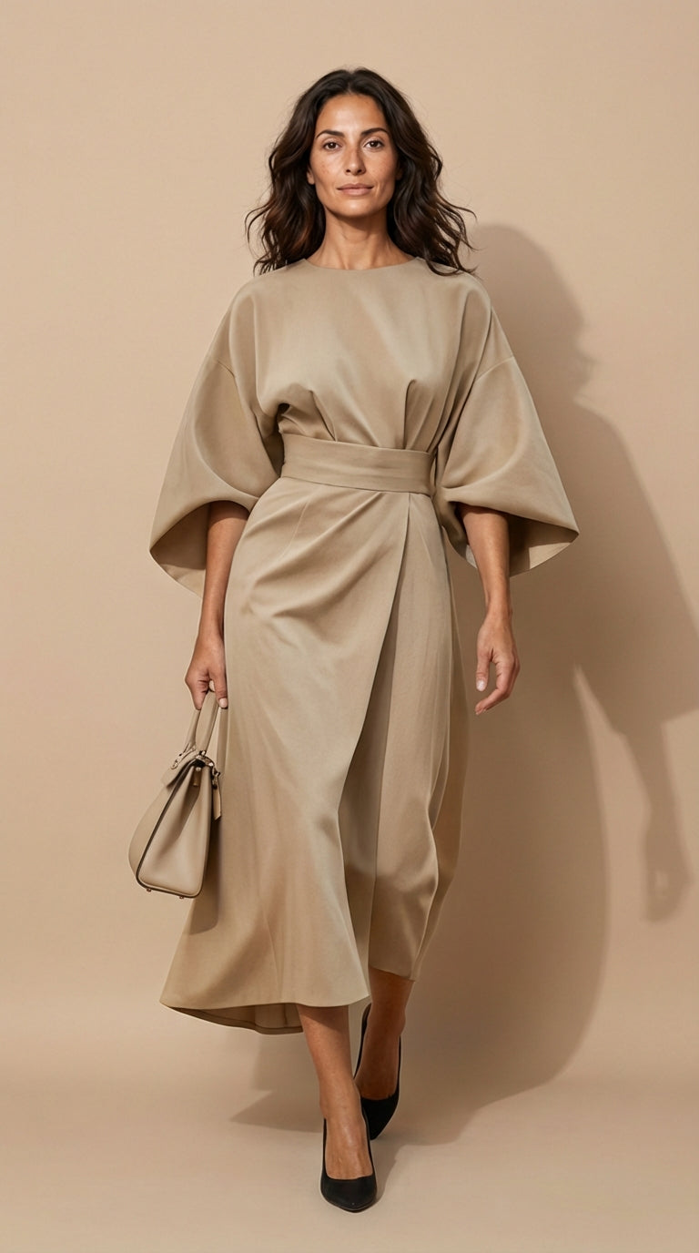 Modelo con vestido midi elegante Kioto | Horizoncor México