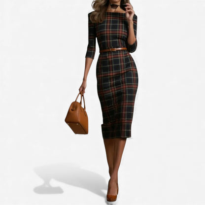 Detalle vestido midi elegante Madina – vista frontal | Horizoncor