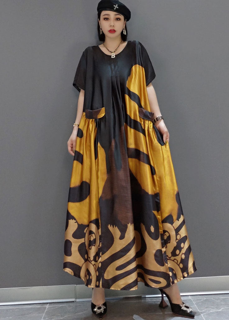 Maxi Dress Yellow O-Neck Loose Fit Summer Print